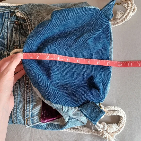 Handmade Original Design Upcycled Jeans Denim Drawstring Backpack Floral Lining - Picture 14 of 14